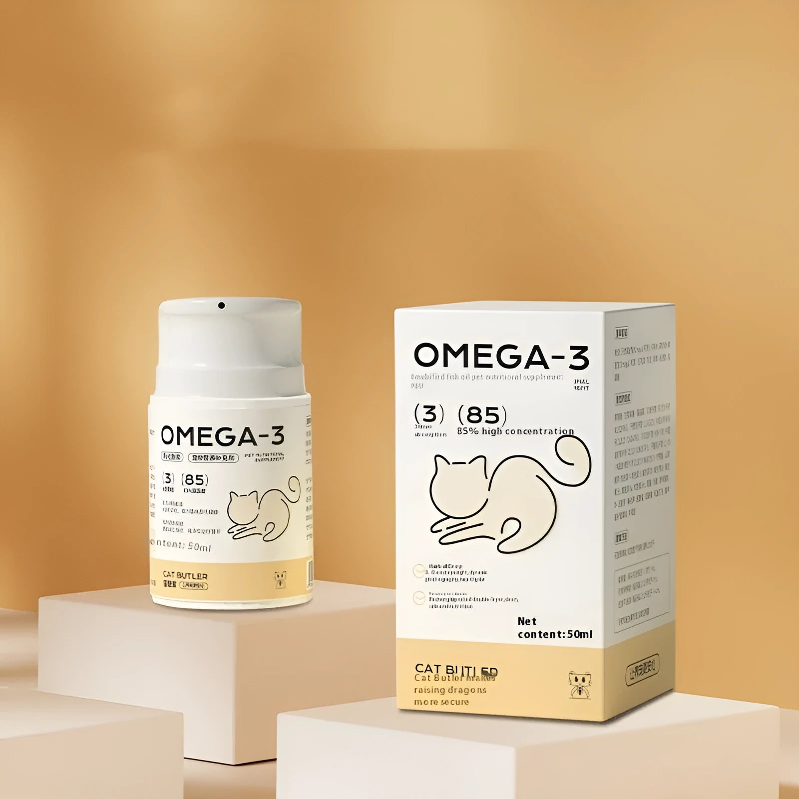 Cat Butler Pet Fish Oil bottle with Omega3, krill oil, and astaxanthin supplement for cats
