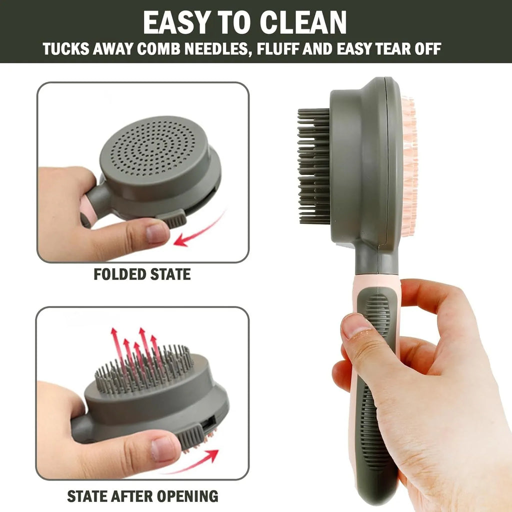 Green and pink double-sided cat grooming brush with release button and flea comb
