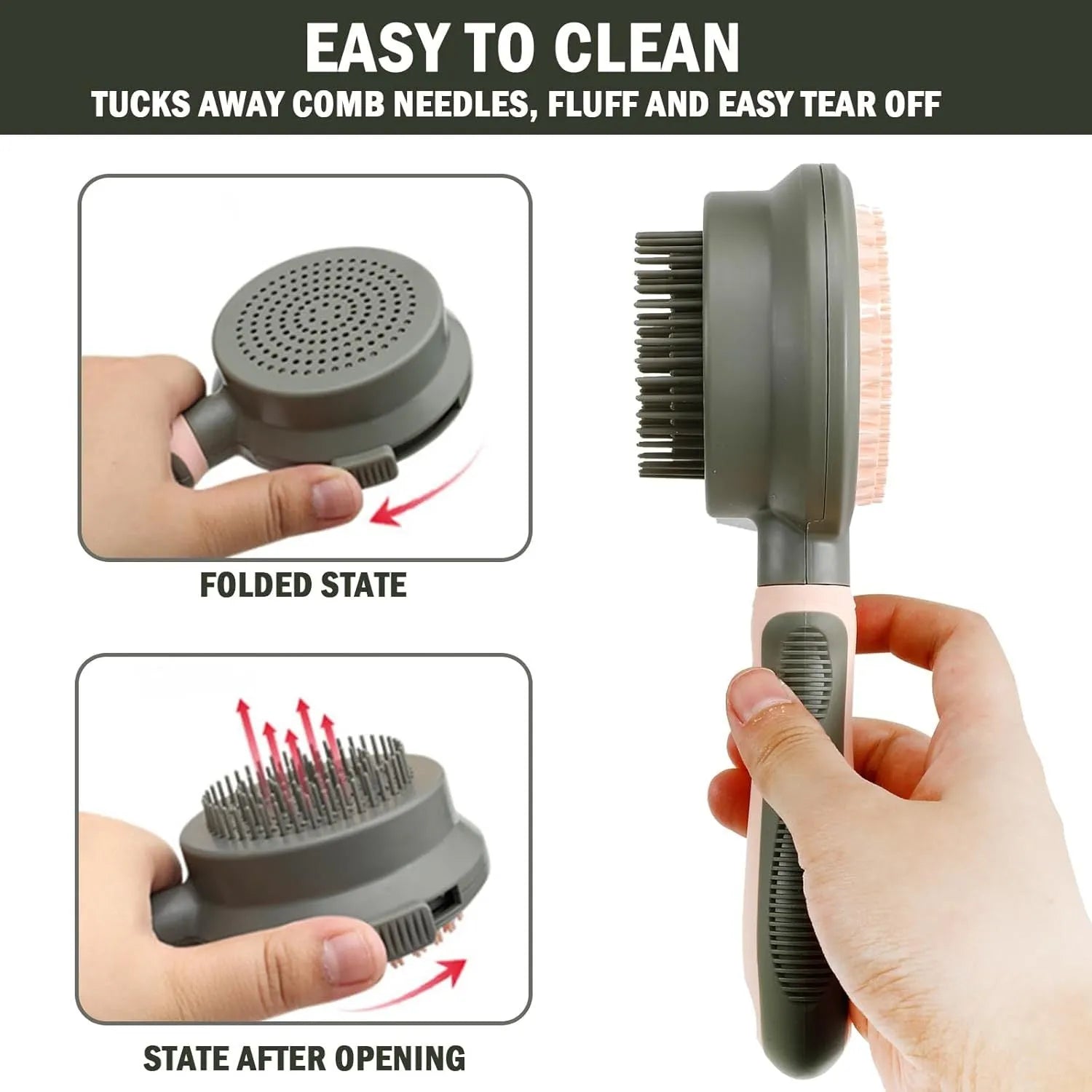 Green and pink double-sided cat grooming brush with release button and flea comb