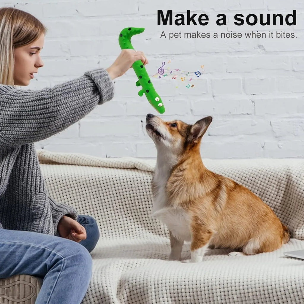 Green lizard-shaped dog chew toy with squeaker for aggressive chewers and teeth cleaning