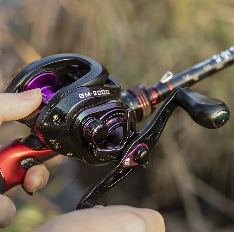Colourful water drop design BM2000 fishing reel with magnetic brake system, shown with spool.