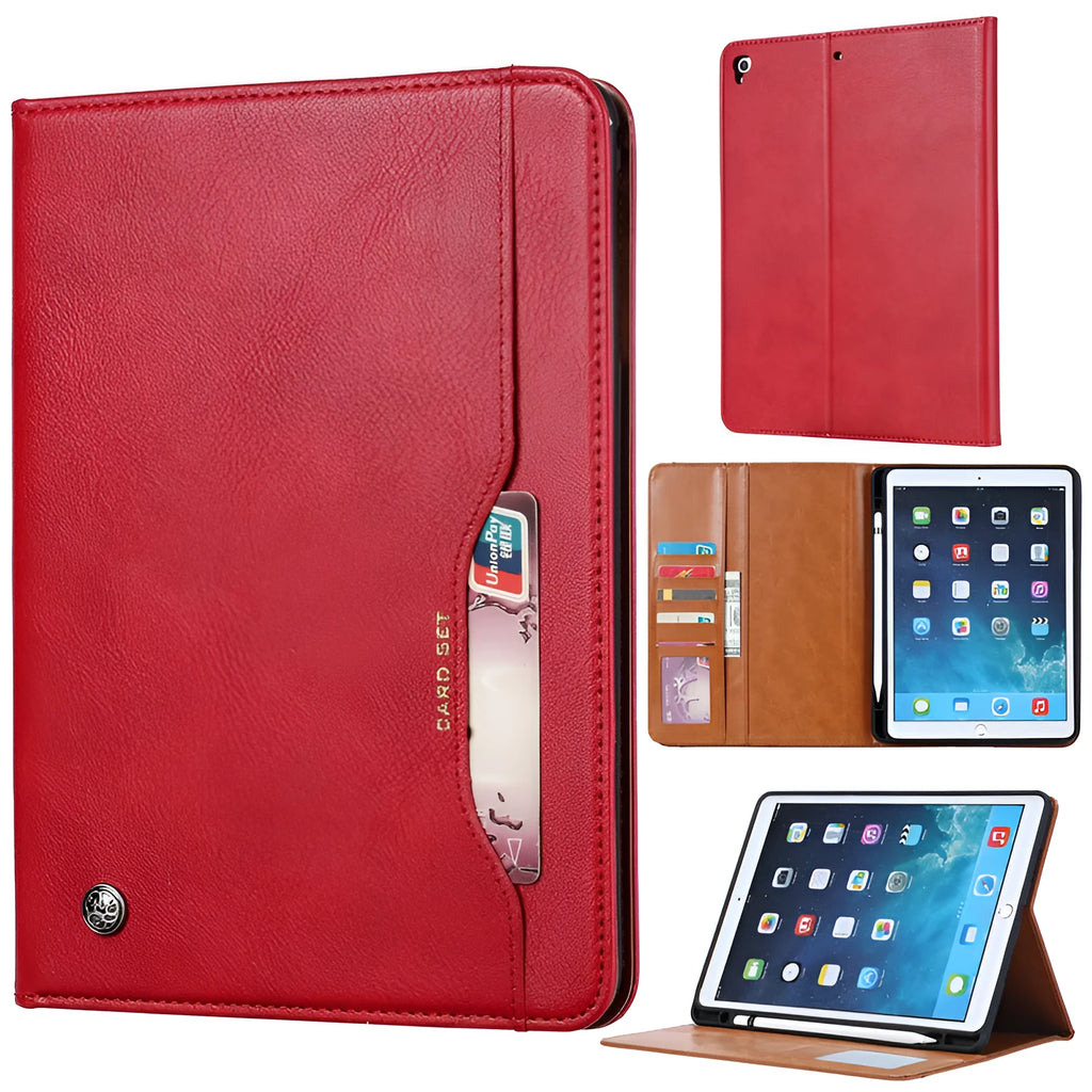 Classic black imitation leather flip cover case for iPad showing stand mode.