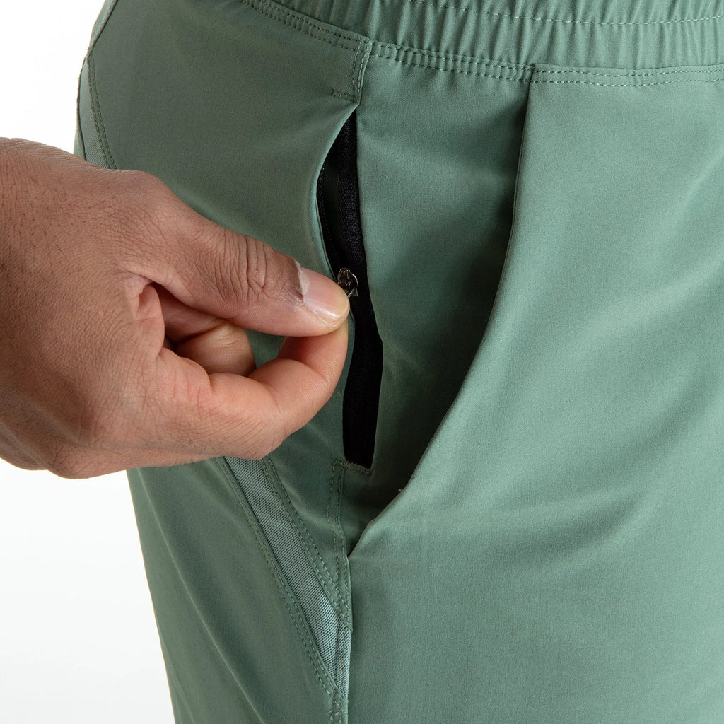 Men's black quick-dry sport shorts with white contrast mesh stitching on the sides.