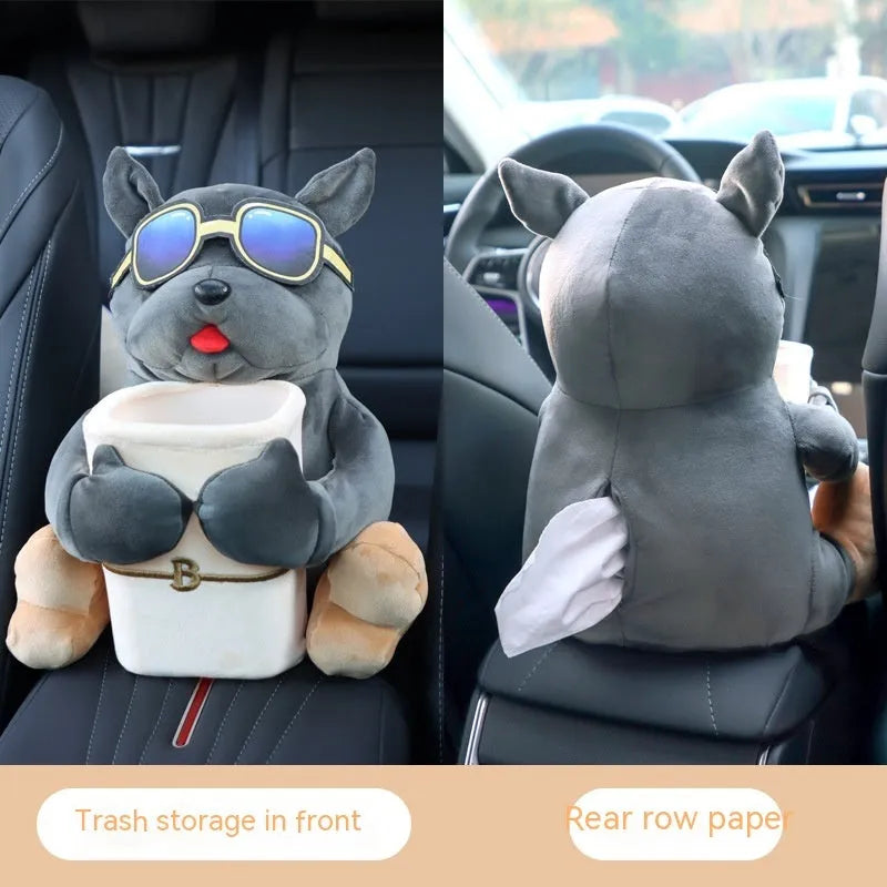 Plush car armrest tissue box cover with dog design options measuring 27 by 33 centimetres