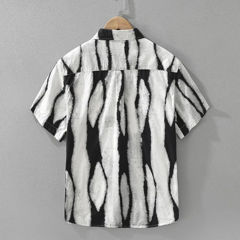 Retro black and brown striped short sleeve loose fit cotton shirt laid flat.