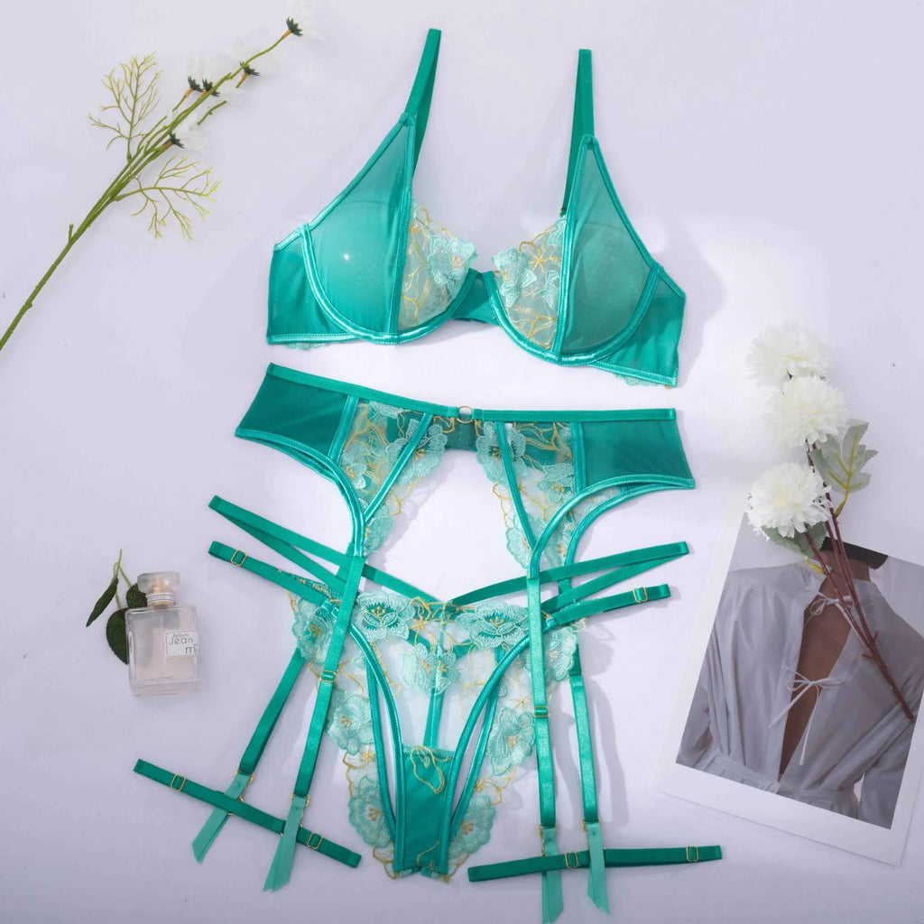 Light green women's bra set with embroidery detailing showing front view of three-point style construction