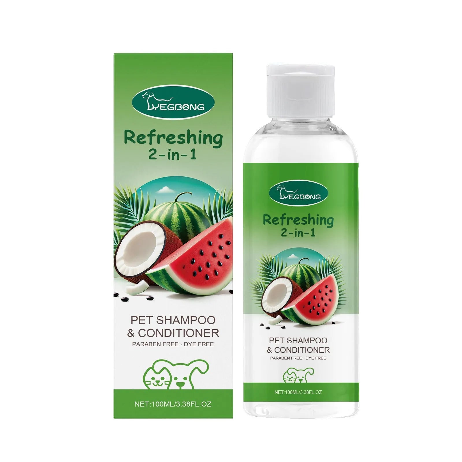 100ml bottle of 2-in-1 pet shampoo and shower gel with coconut and watermelon extract.