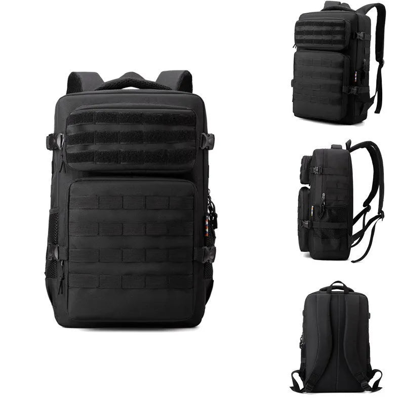 Outdoor mountaineering backpack in camouflage colour with curved shoulder straps and multiple compartments