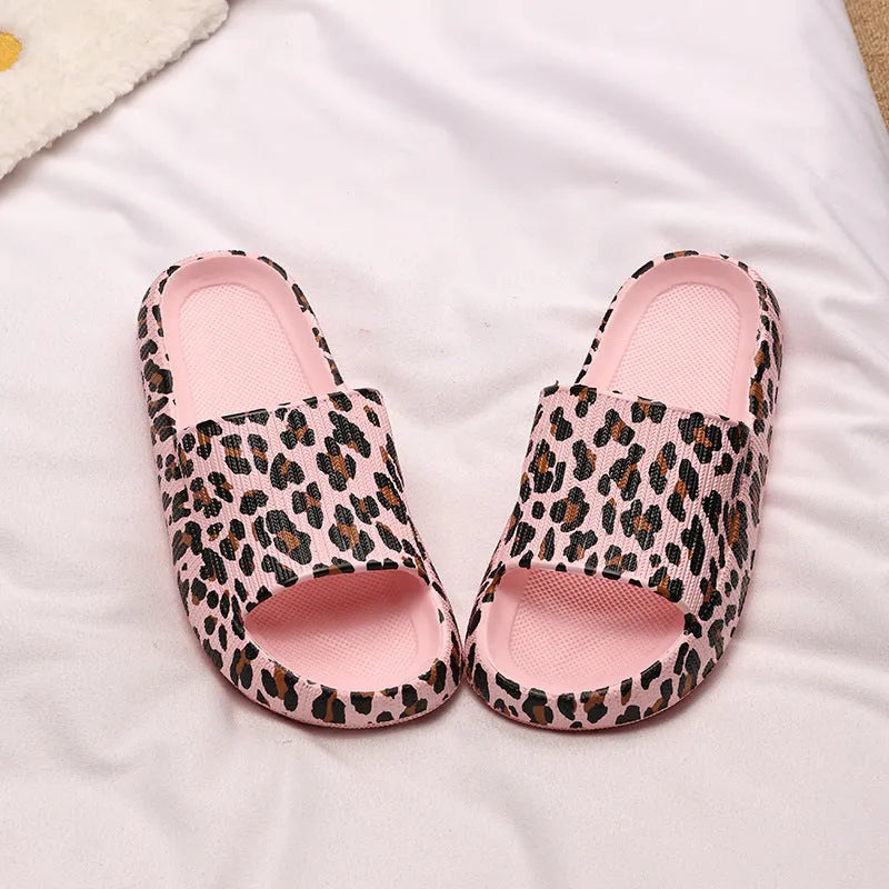 Women's leopard print slippers with thick EVA sole in Korean style, showing colour options.