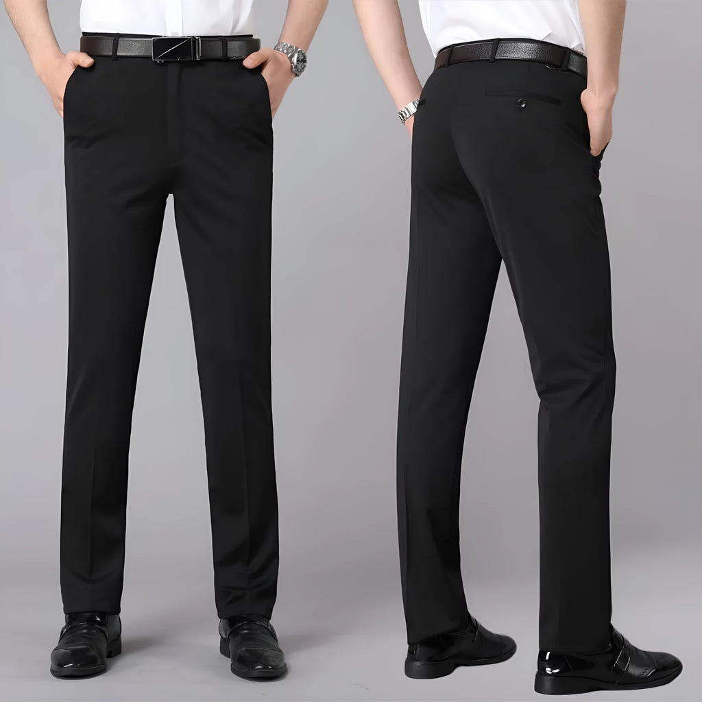 Men's loose straight suit trousers in Business Black, 95% polyester, with metal decoration detail