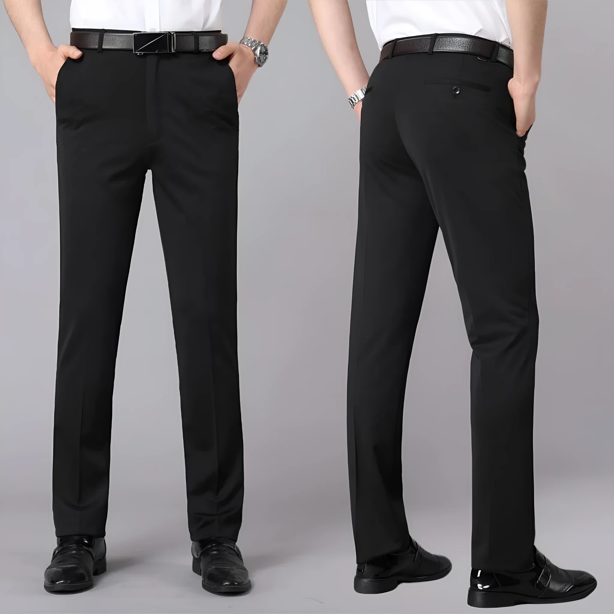 Men's loose straight suit trousers in Business Black, 95% polyester, with metal decoration detail