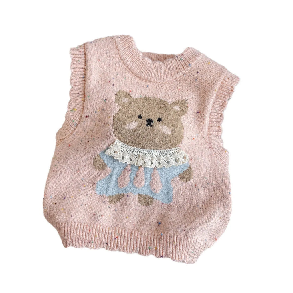 Girls cotton knitted vest with cartoon print in beige colour for toddlers