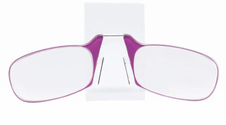 Legless nose clip reading glasses in multiple colours with ultra-thin case for elderly portable use
