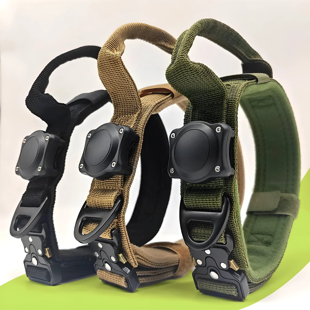 Tactical waterproof dog collar with positioning ring in polyester, available in army green, black and khaki colours