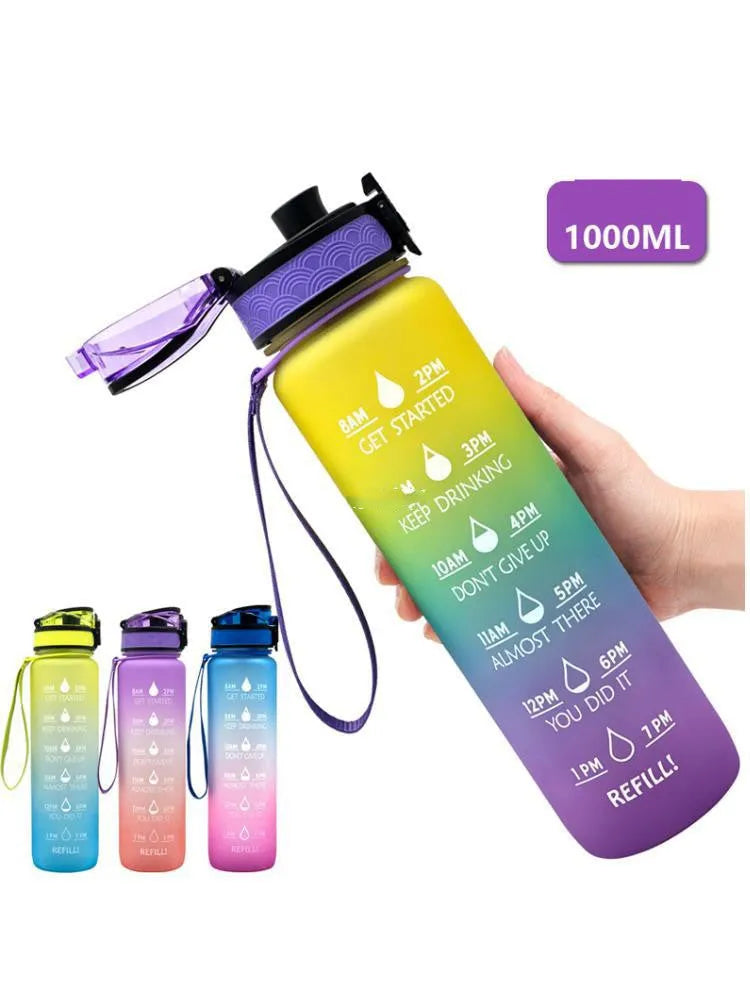 Clear 1000ml sports water bottle with infuser lid on a plain background.