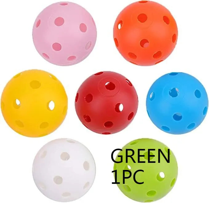 Assortment of red, orange, blue, green, white, and yellow 26-hole golf practice balls in a net bag.