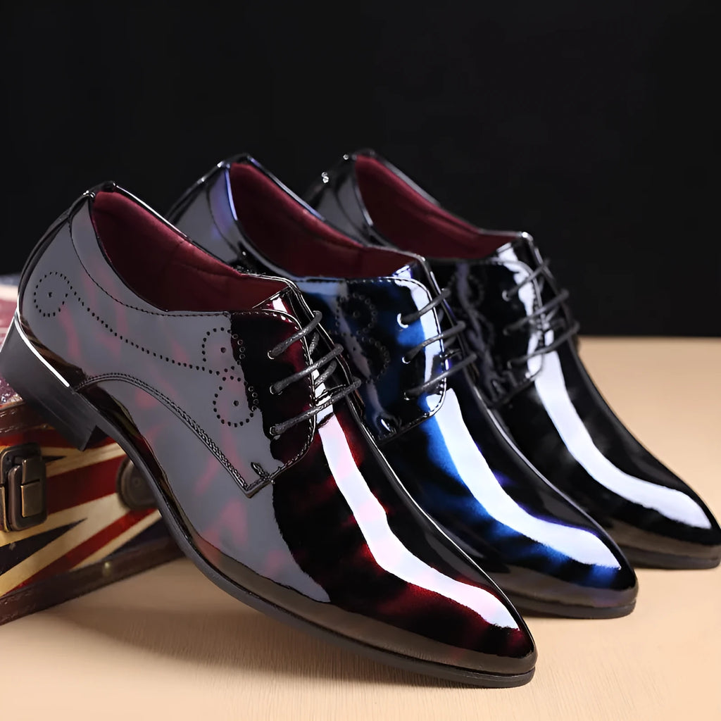 Men's high-top leather shoes in microfiber leather with rubber sole, leather toe cap, blue dark grey red, sizes 38-48