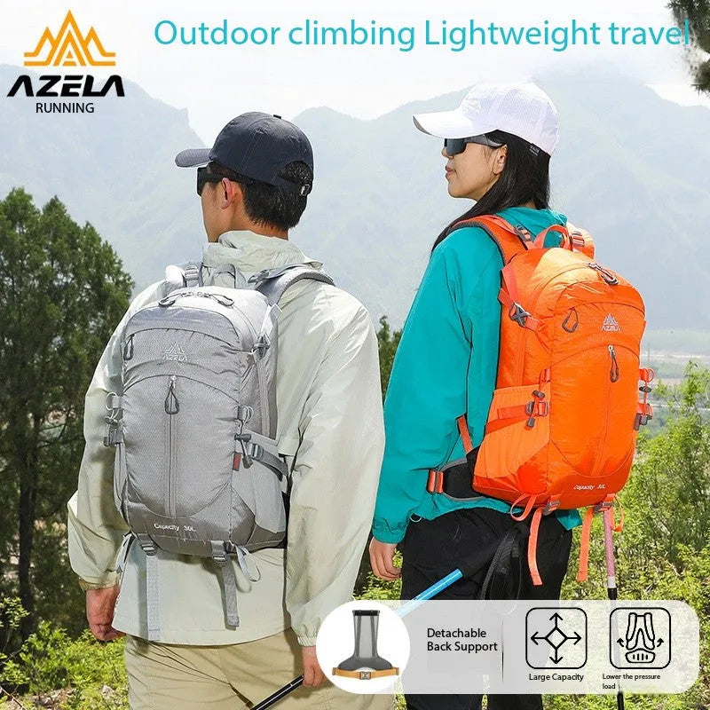 AZELA 30L outdoor hiking backpack with adjustable straps in black, blue, grey, purple, sunset red or yellow