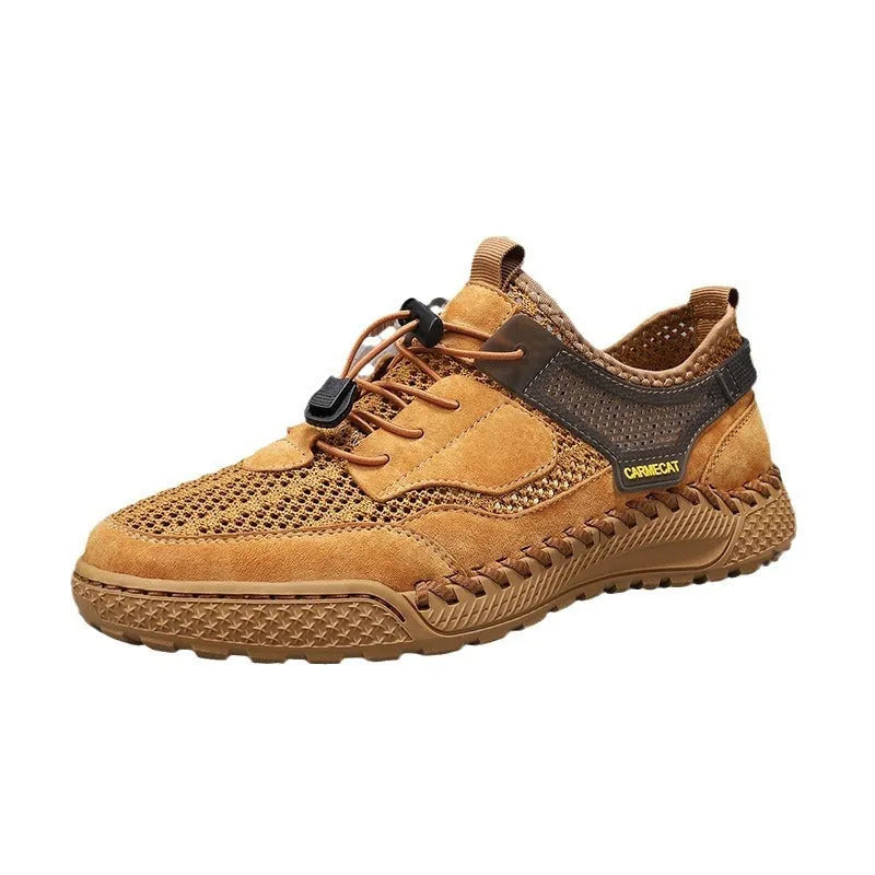 Men's brown suede low-top casual tennis shoes with elastic band and hand-stitched rubber sole.