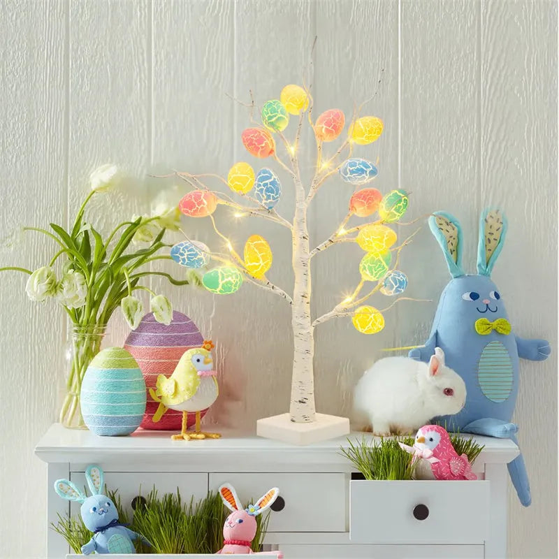60cm LED Easter birch tree light with warm white LEDs and cracked egg ornaments on adjustable branches