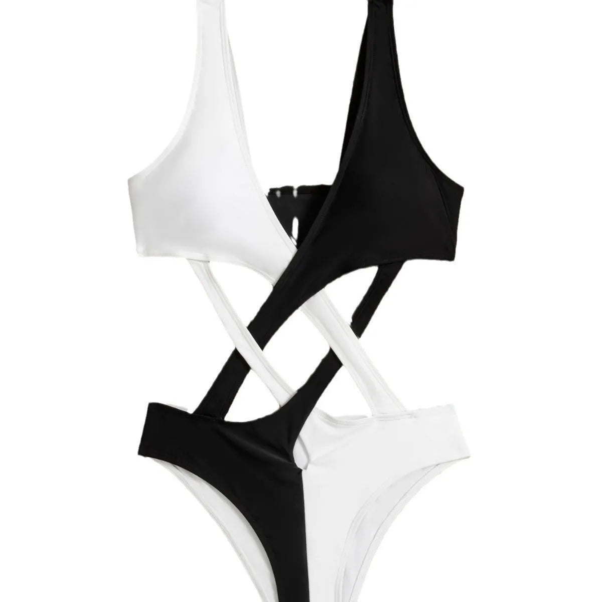 White women's one-piece swimsuit with hollow out colour blocking design.