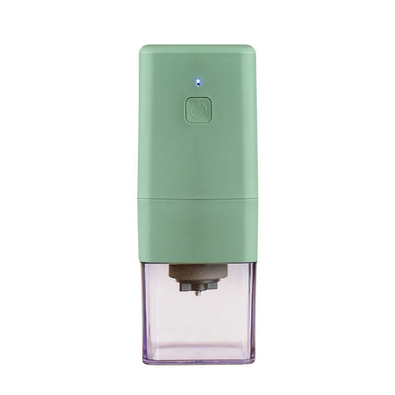 Square electric coffee bean grinder in black with USB Type-C charging port and copper motor, 25-30g capacity