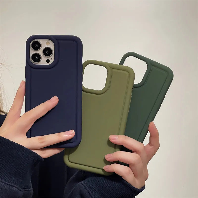Silicone soft phone case for iPhone, available in multiple colours including black and khaki, flexible protective cover