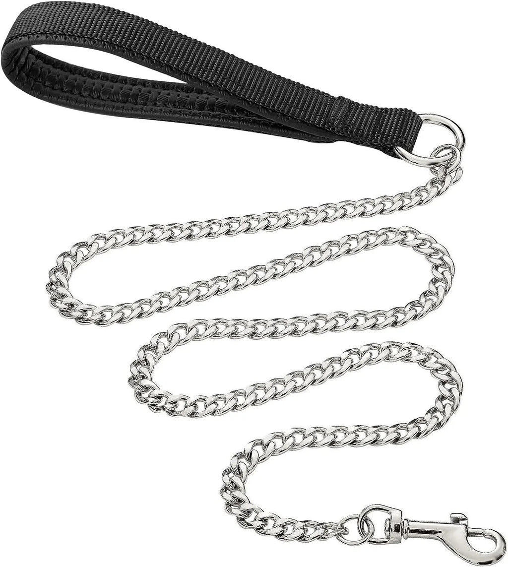Heavy duty metal dog chain leash with soft padded black handle for large dogs