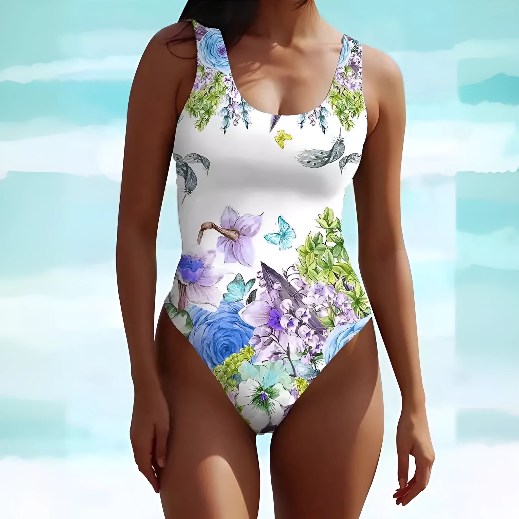 Women's sleeveless swimsuit dress in spandex with Bohemian pattern