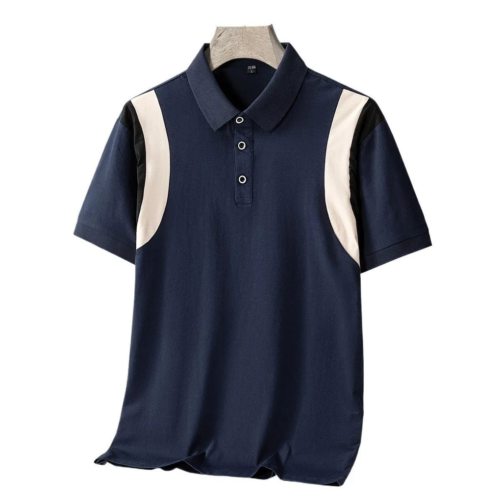 Men's grey striped short sleeve T-shirt with a lapel collar, showing a loose fit.