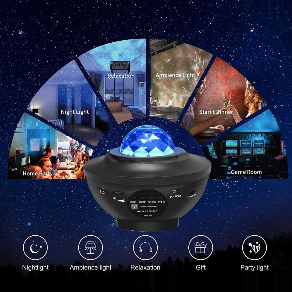 Black desktop star projection lamp with Bluetooth speaker and rotating water ripple laser effects
