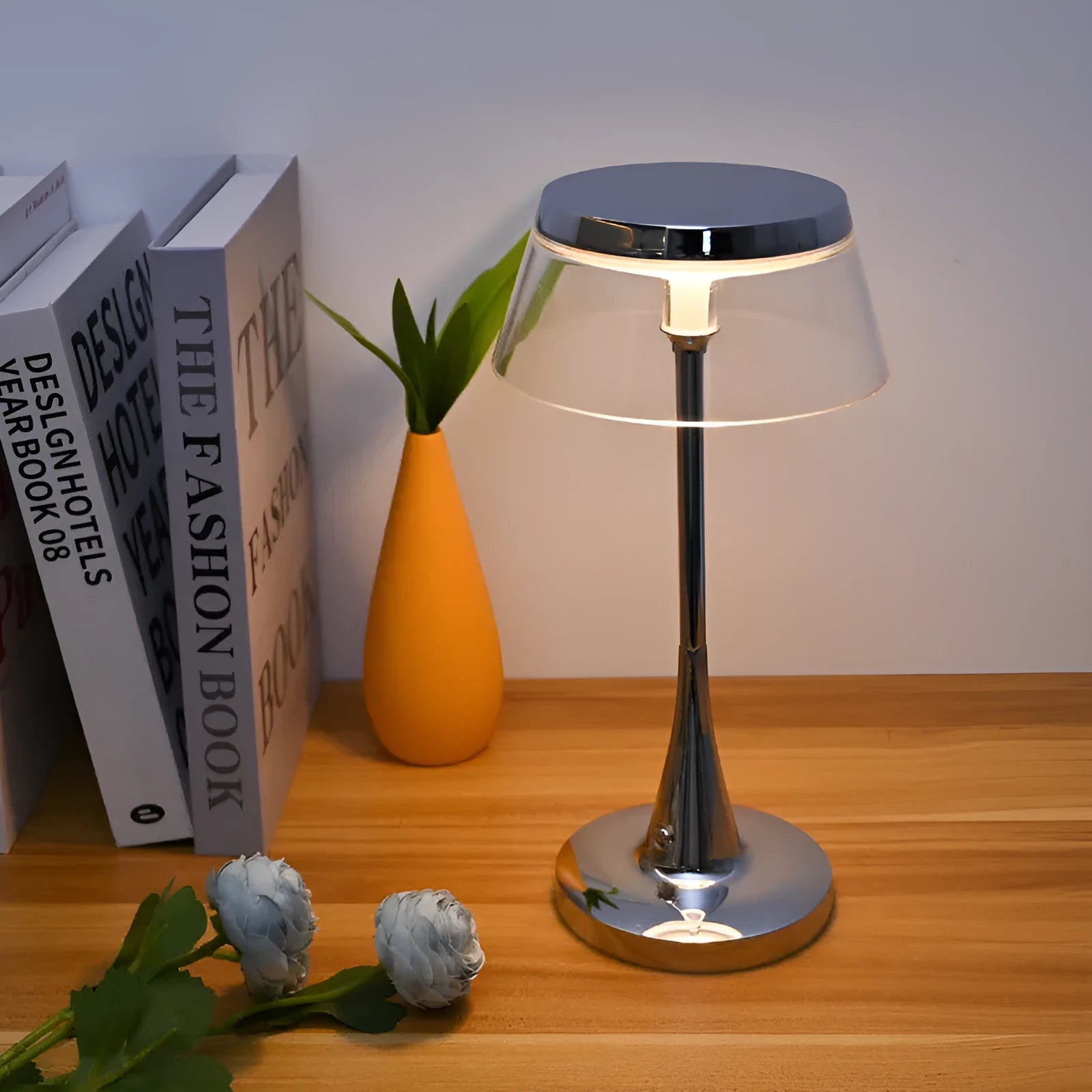 Light luxury rechargeable table lamp with transparent aluminium acrylic shade, touch dimming control, 2W LED