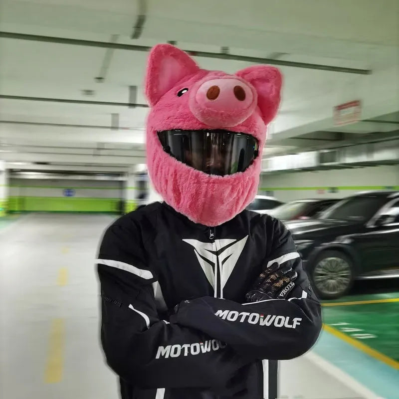 Pink pig cartoon plush hood for motorcycle helmet made from pv velvet cloth