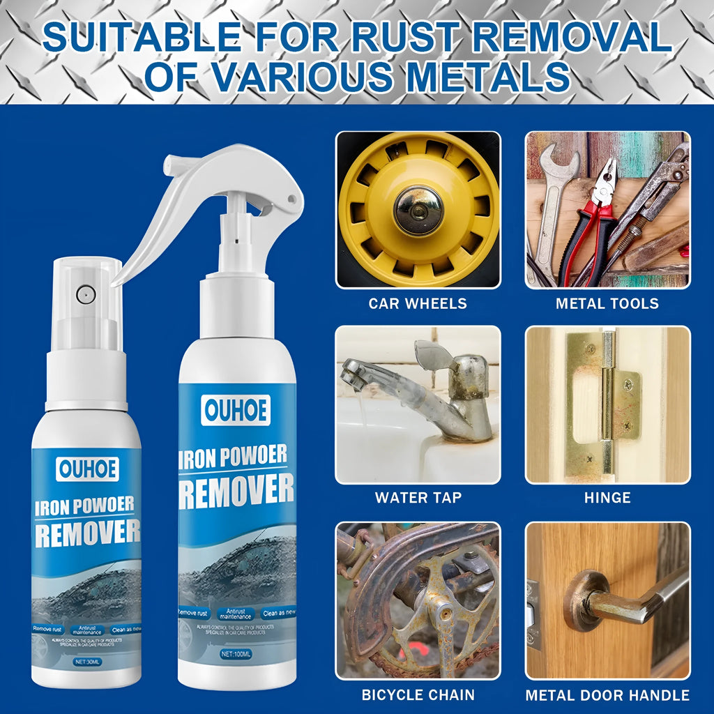 Automotive iron powder rust remover kit with two spray bottles, blue sponge and towel