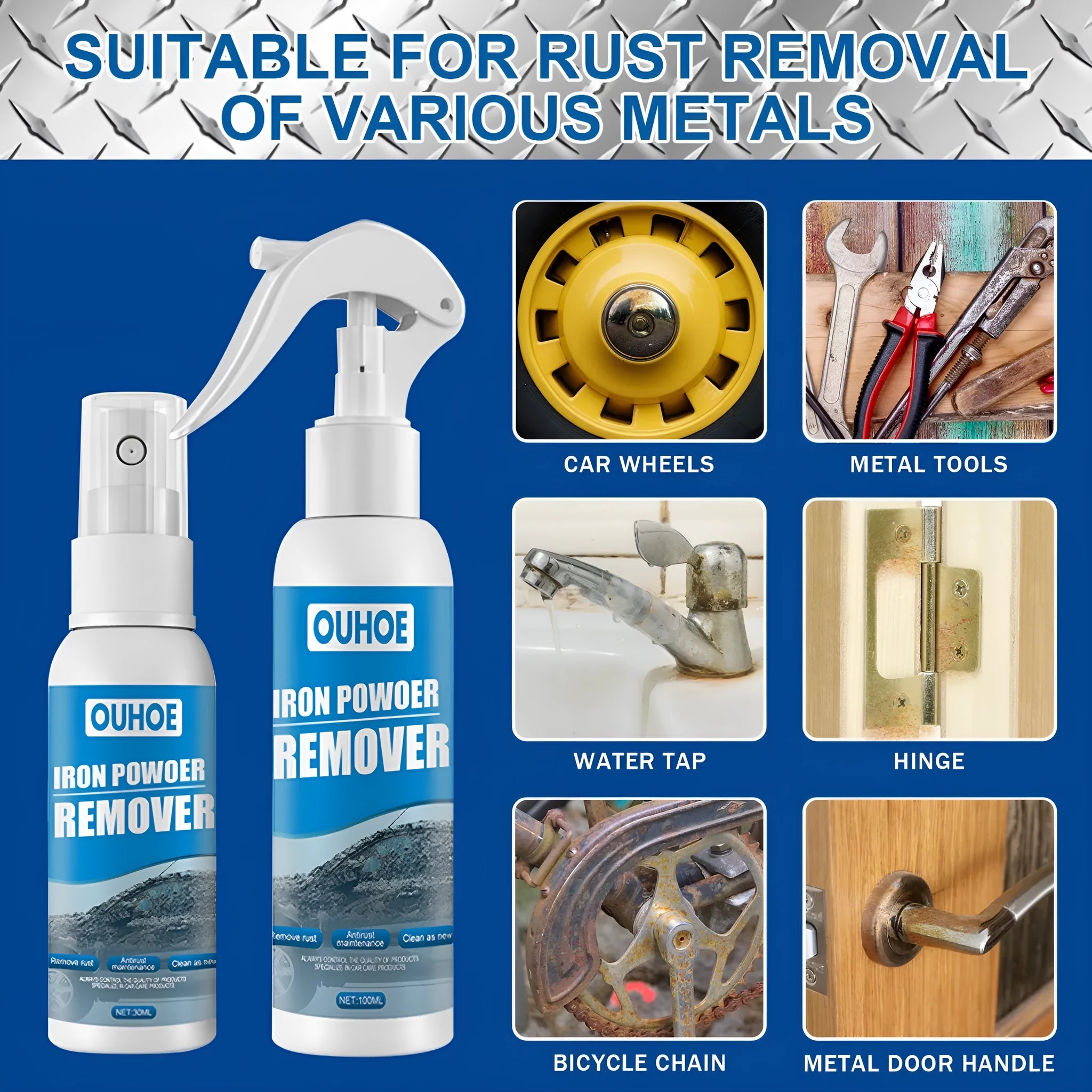 Automotive iron powder rust remover kit with two spray bottles, blue sponge and towel