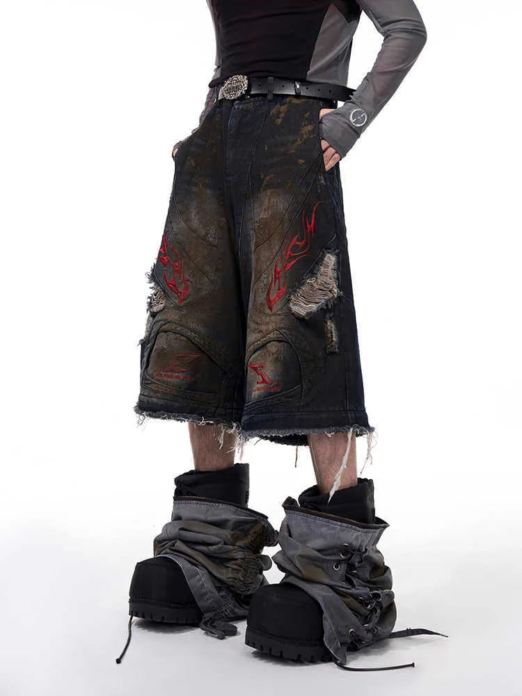 Men's retro wide leg denim jeans with detachable trouser legs in picture colour