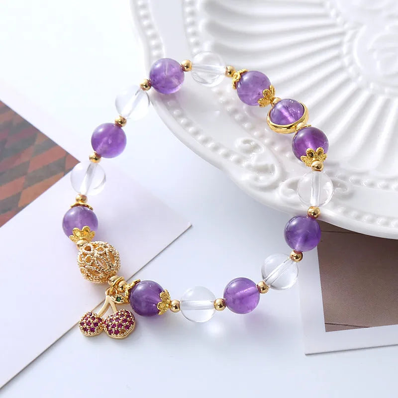 Purple crystal bracelet with micro-inlaid cherry blossom design and secure clasp for women