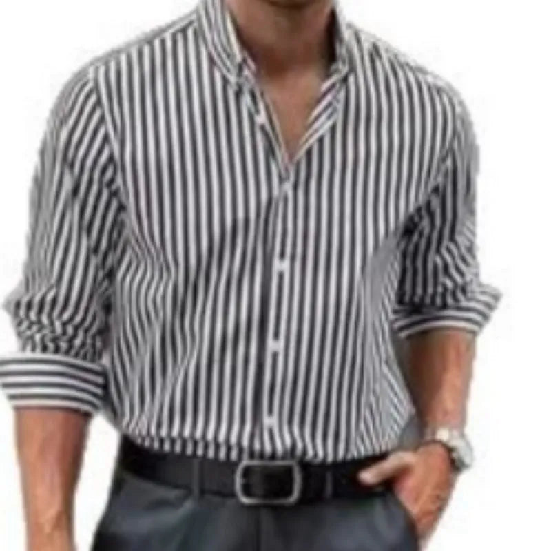 Men's loose striped casual button-up shirt in cardigan style for spring and autumn
