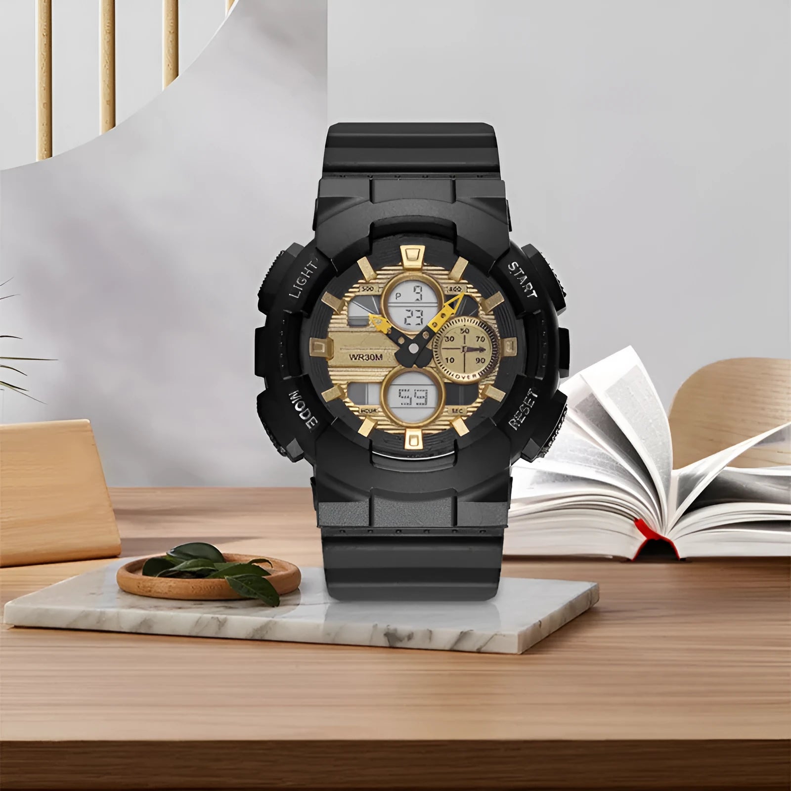 Men's waterproof electronic watch with double insert dial and 50mm plastic case in black gold