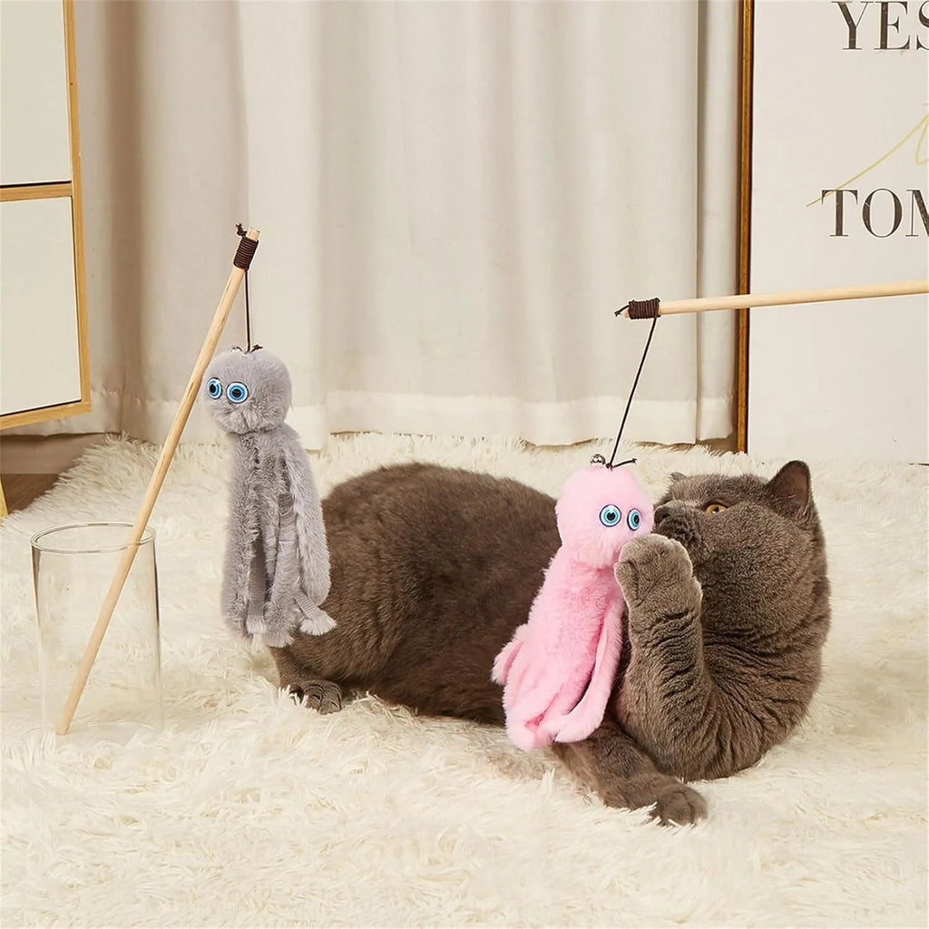 Octopus-themed cat toy with long stick in bright colours for indoor kitten play