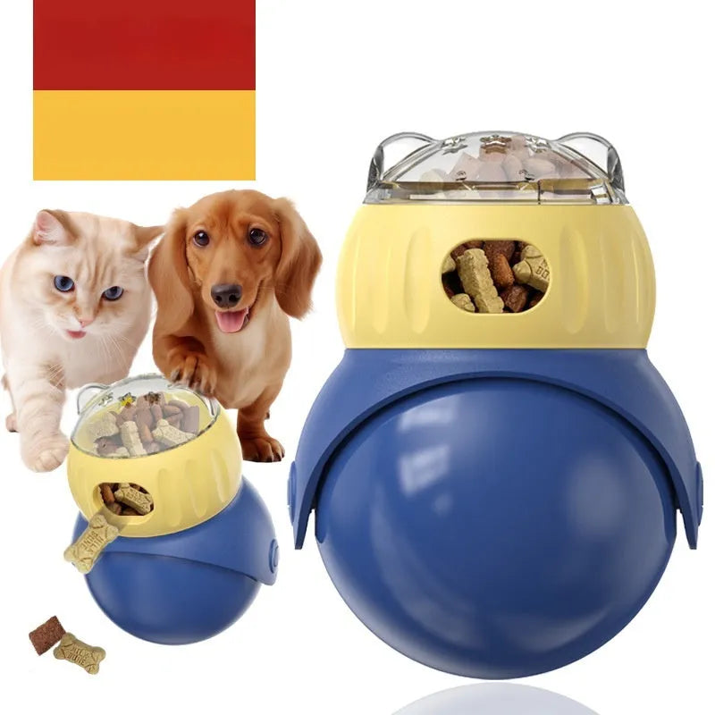 Yellow and blue plastic owl-shaped tumbler cat feeder toy for food puzzles.