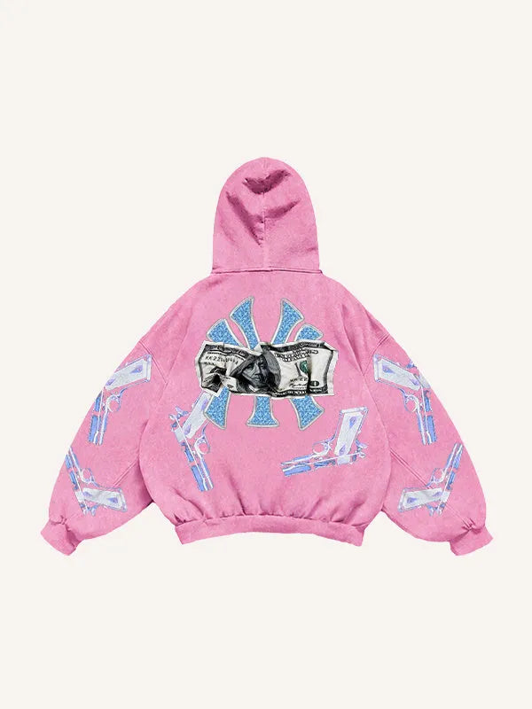 Printed polyester sweater in black, blue, pink, or white, sizes XS to 3XL