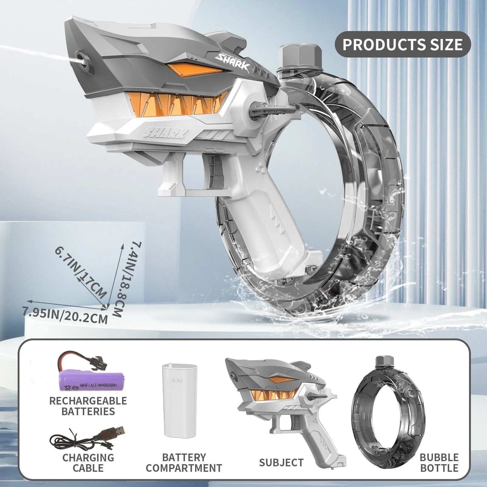Shark electric water gun toy with automatic continuous fire function in blue colour