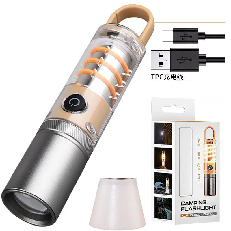 Orange and beige multifunctional flashlight with keychain and optical zoom feature