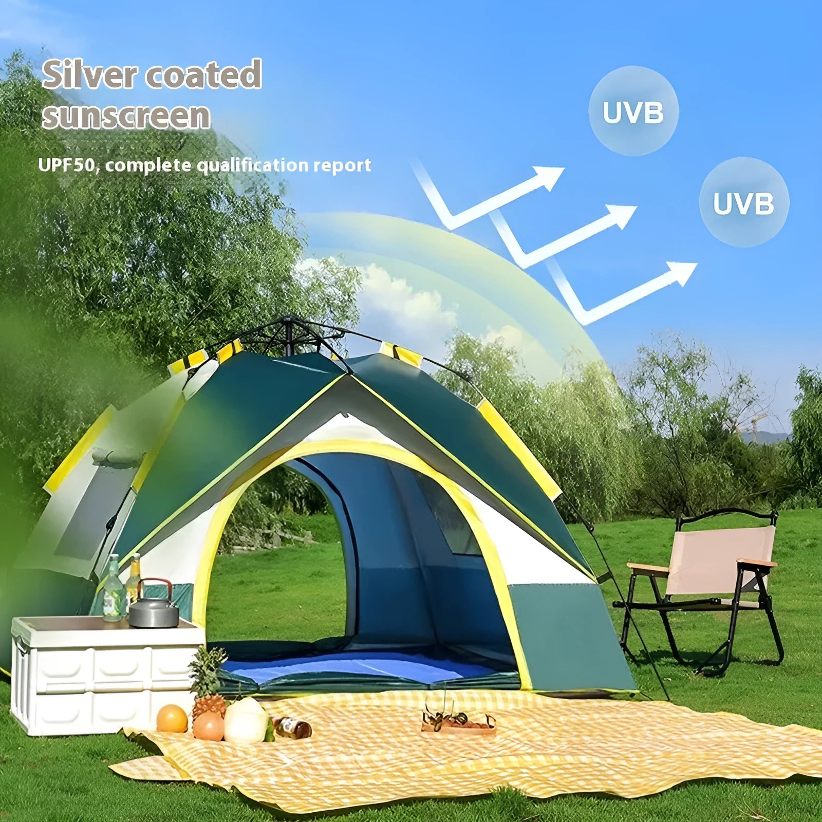 Dark green and silver quick-open double-layer camping tent for 3-4 people