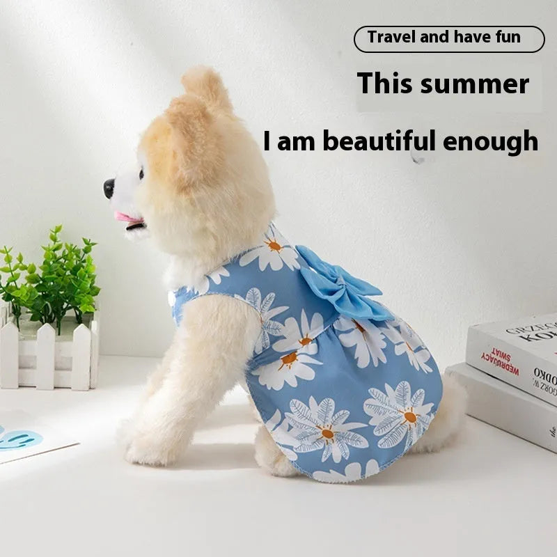 Ultra-thin polyester princess dress for pets with floral butterfly knot design in blue bow colour