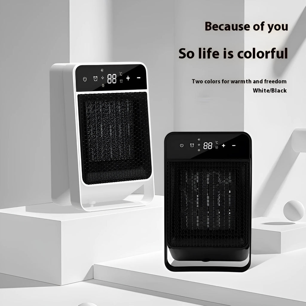 Black and white desktop electric heater with digital touch screen and remote control on a wooden desk.