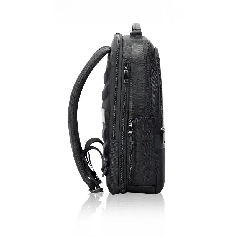 Men's commuter nylon backpack in black with stitched design and large 20-35 litre capacity for business travel