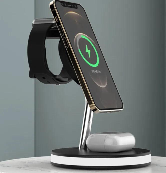 F17 four-in-one wireless charger in black with magnetic lock and indicator light