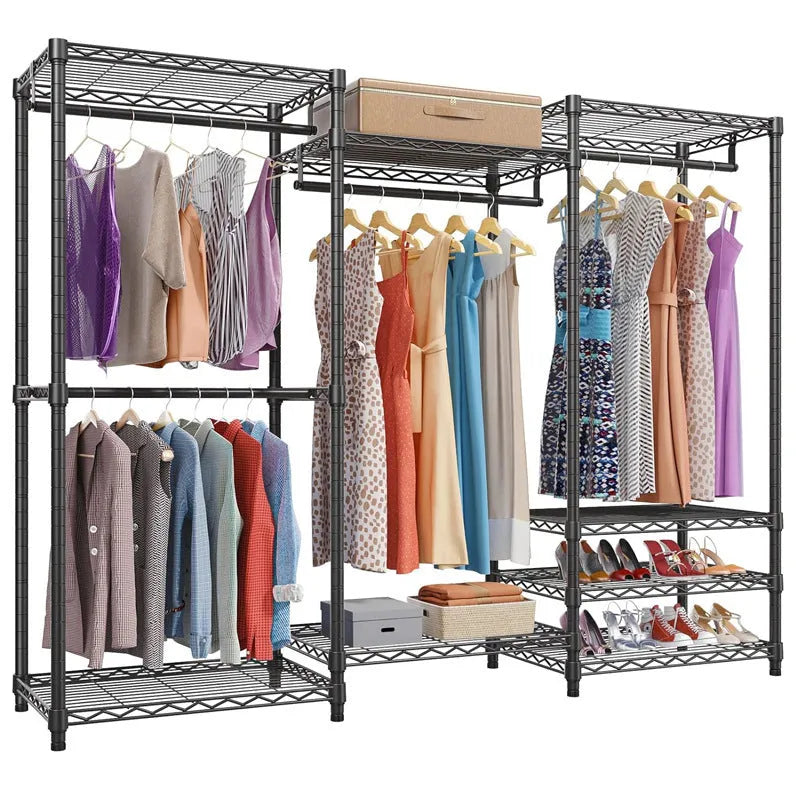 Black metal household storage rack for hangers, trousers and ties measuring 175cm high